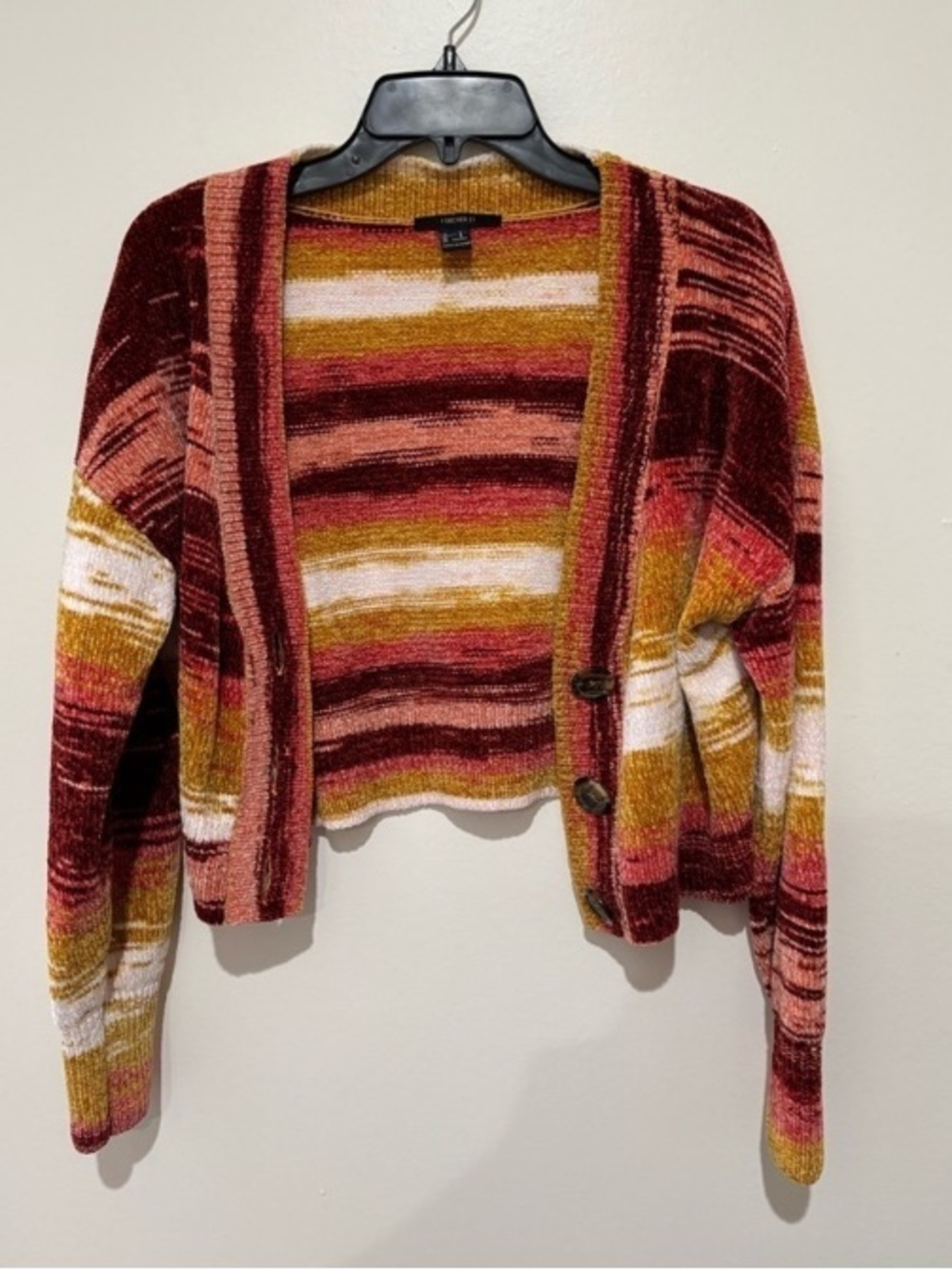 Forever 21 Striped Burgundy, Mustard & Pink Open-Front Cardigan